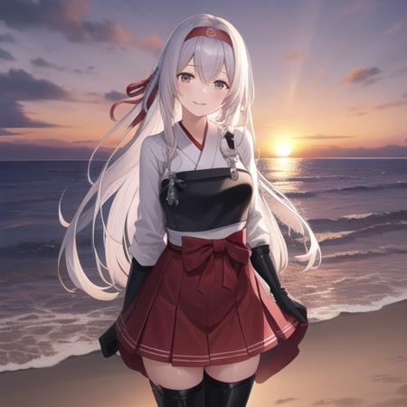(masterpiece, best quality:1.2),illustration,8k,hd,beautiful purple sunset at beach,1girl,solo,upper body,(portrait:1.2),long_hair,thighhighs,muneate,skirt,japanese_clothes,smile,brown_eyes,boots,thigh_boots,hairband,zettai_ryouiki,gloves,white_hair,grey_hair,kyuudou,ribbon,<lora:Shoukaku(kan)>,