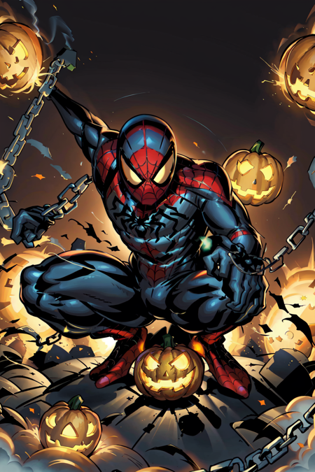 <lora:MikeWieringo:0.8> Ringo! Style, solo, 1boy, male focus, bodysuit, mask, chain, squatting, smoke, jack-o'-lantern, pumpkin, explosion, spiderman