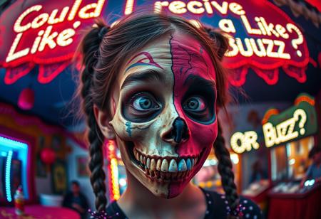 “A whimsical and surreal portrait of a girl with a distorted, comical face, featuring one eye larger than the other, vibrant face paint, and two playful braids in her hair. Half of her face is a real, rotten skull, with detailed, decayed bone structure, exposing cracked and aged bones, and the skull appears lifelike yet worn with time. The other half is covered in exaggerated, colorful face paint. The skull gives off a gritty, almost macabre vibe, blending with the lively and hype atmosphere of the carnival. Captured using a 12mm fisheye cinematic prime lens for an exaggerated perspective. The setting is a lively carnival with neon lights, whimsical decorations, and a dreamy yet unsettling atmosphere. A rotten, old light banner in the background displays the text: ‘Could I receive a Like or Buzz?’ in flickering, uneven letters. The colors and contrasts are enhanced for a surreal effect, combining playful and eerie styles, with a mix of humor and dark visual artistry.”