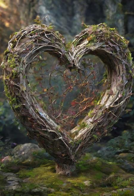 there a glass heart sculpture, concealed inside is a, ages old ruins shattered by cataclysmic events, vines and moss now crawling like skeletal fingers across the cracked stone, a blinding portal bursting with energy as whispers of forgotten civilizations echo through the desolate air, papers swirling around its rim like a maelstrom of ancient secrets, inspired by the apocalyptic visions of dark fantasy and mysticism., detailed image, 8k, 8k high quality detailed art, heart shaped sphere, amazing wallpaper, digital painting highly detailed, 8 k hd detailed oil painting, beautiful art uhd 4 k, focus on glass heart, close up, bokeh, unfocused, extremely detailed award winning photography fantasy studio lighting photorealistic very attractive beautiful imperial colors ultra detailed 4k 3d hdr very
