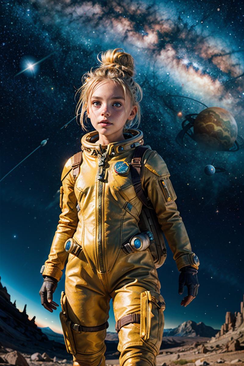 "A Young Girl Wearing a Yellow Spacesuit and Backpack Stands Against a Starry Sky Background"
