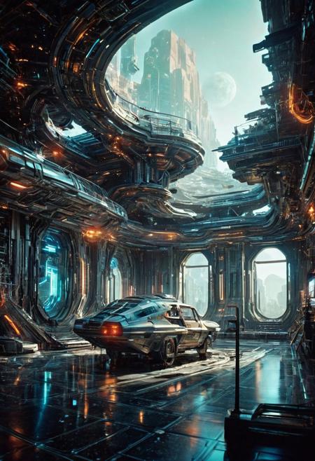 Visualize a futuristic space, symbolizing online community in the style of incorporate elements that evoke a sense of building with a large spaceship complex, elegant, expansive, fantastical, film photography style, light grain