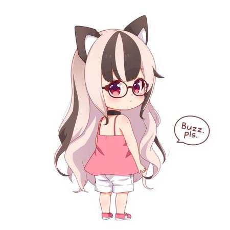 masterpiece, best quality, 3d, mrporty, absurdres, BREAK, frostbite, mrporty, 4RC4N3 Style score_9, score_8_up, score_7_up, BREAK, 1girl, little girl, child, solo, cute, innocent, (black and white hair, bicolor hair)), blushing, long hair, dog ears, wavy hair, red eyes, hair over eyes, freckles, eyes half closed, glasses, thick leather collar, spaghetti straps, pastel pink clothes, pastel theme, standing, , full_body, looking back at viewer, kawaii back ground, white short shorts, buzz pls, speech bubble, ((begging)),