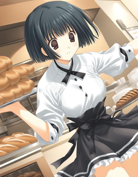 1girl,
<lora:sdxl-boldline:-1>,
 <lora:sdxl2-flat2-512b:-1>
bakery , bread,
detail background,
dynamic pose,
thinking,
Running with arms pumping at sides,
hand on headwear,
BREAK,
<lora:tenshi12_A3_XL_V1_0_oldstyletest-000008:0.8>,
tenshinoinai12,  asou asuna, short hair, black hair, brown eyes,bob cut ,
(medium breasts:0.8),
waitress,solo,