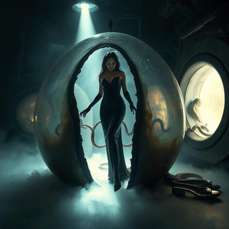 noble norvegian femme fatal lady  standing struggling with with tentacles pulling her inside  hole in giant transparent slime egg,  wearing evening GLOSSY THIN black slime live tentacles gown, GLOVES  and high heels, , surrounded by  weird fog from the floor, captured in light beam from celling,   giant slime covered transparent eggs with encased ladies at background, alien breeding chamber,  liver slime walls, portholes to outer space,  ultrathin waisT, HORROR,  reminiscent of H.R. Giger, Zdzisław Beksinski, and Ash Thorp's dark, sleek styles, with close-up glamour photography, glossy satin and silver heels glistening, fleshy slime dripping, and dark shadows.
