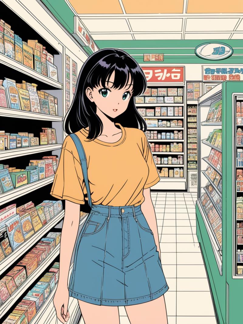 A cartoon image of a girl in a yellow shirt shopping in a grocery store.