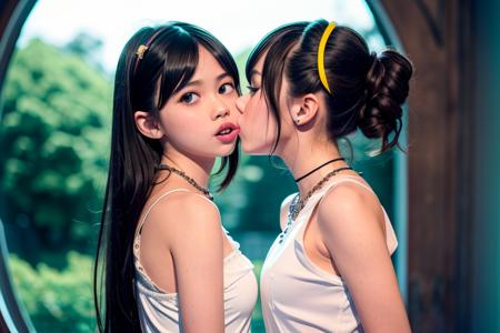 (ultra realistic),best quality, ultra high res,((2 slim girls kissing)),bangs,asian,indoors,detailed face,black thighhighs,yellow eyes,short hair,make up,detailed black hair,detalied eyes,looking at viewer,cosplay,showing armpits,blurry window background,jewelry,saliva,half body,
(highly detailed face:1.1),
 (PureErosFace_V1:1.1),tiktok,