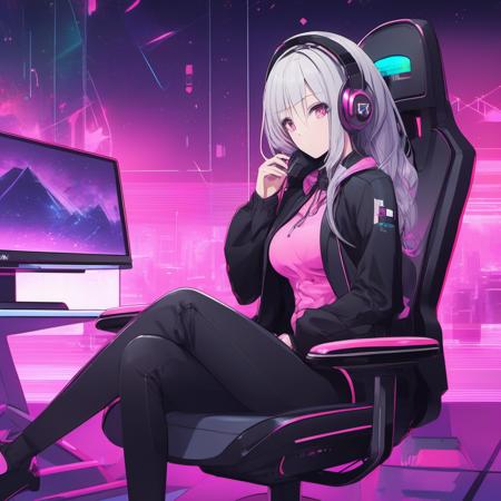 shs style, masterpiece, high quality, 4k, fullHD, 1girl, streamers, black coat, open jacket,Gray hair, sitting on a gaming chair,, black earphones, pose, focus, anime,art,pretty girl, in room, pink shirt, cute face,black background,futuristic background, technology wallpaper, two hands to lean on the chair,pants,