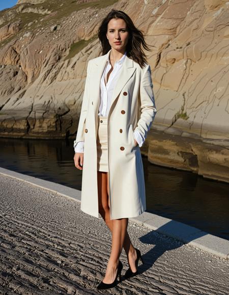 RAW full body analogue photo of a beautiful 25 years old woman, clear focus, high resolution image, brunette woman, Hannula, <lora:Hannula-000009:0.8>,  ,wearing a tailored coat over a fitted blouse, paired with straight-leg trousers and elegant loafers, ,,low light, soft natural light, Rembrandt style light, Hasselblad DLSR camera, 200mm Zeiss lens, f/2.8, ,Sexy pose, erotic pose, exhibitionism, ,Rocky coastline