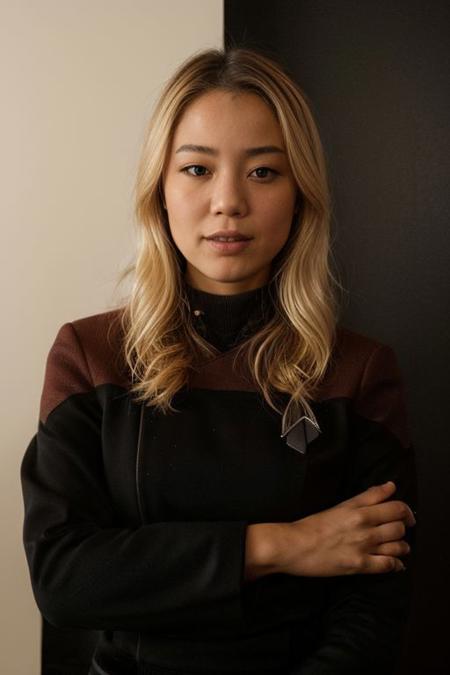 1girl, Asian, light Blonde Hair (close up:1.4), ((headshot)),  yellow pcdst uniform, long sleeves, blurry background<lora:STPicardUniforms:0.8>