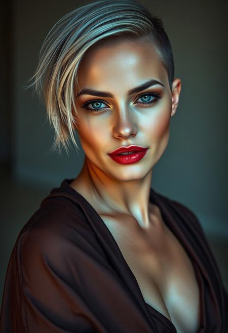 A striking, cinematic portrait of a rebellious beauty. A 35-year-old Caucasian woman, her asymmetrical haircut - one side shaved, the other cascading - frames her alluring face. Soft, natural light illuminates her features, casting delicate shadows that accentuate her bone structure. Her eyes, smoldering with desire, are framed by dramatic eyeliner and long, luscious lashes. Her lips, painted a deep, seductive red, curve into a knowing smile. She's draped in a luxurious, flowing garment that hints at a wild, untamed spirit. The backdrop is a minimalist, modern setting, allowing her to command the frame.