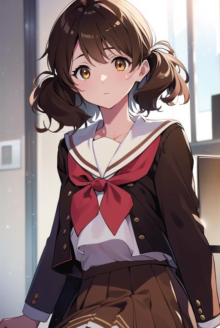 kumikooumae, <lyco:kumikooumae-LYCORIStest:1>,
kumiko oumae, (brown eyes:1.5), brown hair, short hair, wavy hair, (flat chest:1.2),
BREAK brown shirt, brown skirt, kitauji high school uniform, long sleeves, neckerchief, pleated skirt, red neckerchief, sailor collar, school uniform, serafuku, shirt, skirt, uniform, white sailor collar,
BREAK looking at viewer,
BREAK indoors, classroom,
BREAK <lora:GoodHands-vanilla:1>, (masterpiece:1.2), best quality, high resolution, unity 8k wallpaper, (illustration:0.8), (beautiful detailed eyes:1.6), extremely detailed face, perfect lighting, extremely detailed CG, (perfect hands, perfect anatomy),