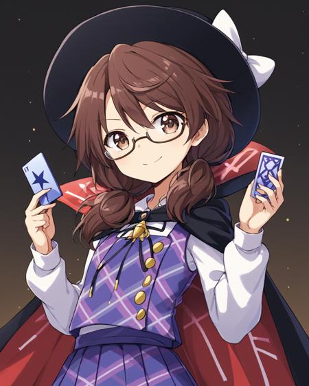 usami sumireko,1girl, glasses, solo, smartphone, cape, smile, holding_phone, skirt, looking_at_viewer, holding_card, long_sleeves, plaid_vest, low_twintails, hat_bow, glowing, semi-rimless_eyewear, school_uniform
<lora:usami_sumireko_image1686_2023-12-20-000014:1>,star-shaped_pupils,symbol-shaped_pupils,. gorgeous,key visual, vibrant, studio anime,award-winning, professional, highly detailed,high budget, cinemascope