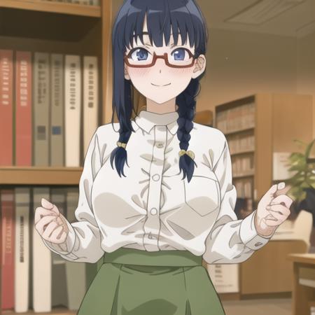 (masterpiece, best quality:1.2),illustration,8k,hd,1girl,solo,long_hair,cowboy shot,breasts,bangs,smile,blue_eyes,skirt,shirt,hair_ornament,long_sleeves,blue_hair,white_shirt,braid,glasses,blunt_bangs,dress_shirt,single_braid,green_skirt,semi-rimless_eyewear,red-framed_eyewear,under-rim_eyewear,<lora:Sanami Murakami-V1:0.7>,