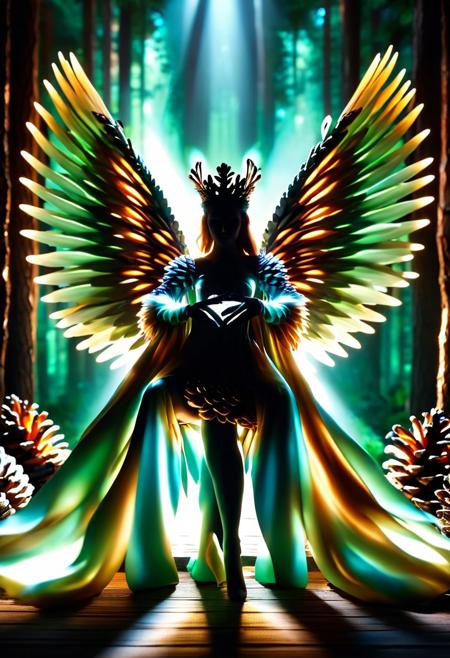 ral-pinecone, 
fairy_queen, fantasy_forest, glowing_wings, pinecone_throne, ethereal_light, magic_particles, detailed_costume, elegant_pose, enchanted_atmosphere, dreamy_lighting
absolutely eye-catching, 
Masterpiece, best quality, ultra-detailed, CG, aesthetic, trending, score_9, score_8_up, newest, subtle texturing, depth of field, cinematic composition,
Detailed background, intricate cinematic background,