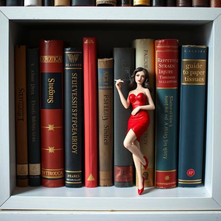 A bookshelf of erotic picture books with a missing book, the books have titles: "Shagging" and "Erotica" and "Repetitive Strain Injury" and "Guide to paper tissues". A miniature dominatrix in a red dress is leaning against on of the books at the edge of the gap and smoking a cigarette