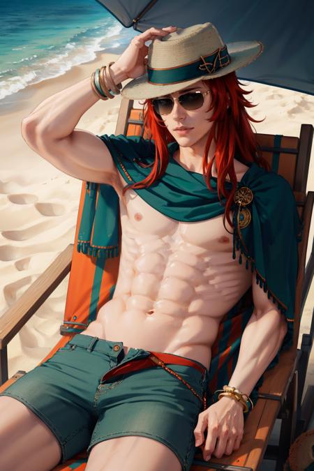 masterpiece, best quality, sumJoshua, straw hat, green shawl, bare chest, green shorts, bracelet, sandals, lying on back, beach chair, sunglasses, beach, sand <lora:fejoshua-nvwls-v1-000009:1>