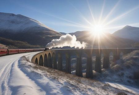 Poudlard Express crossing the Glenfinnan Viaduct in Scotland, background sun halo and snow-capped mountain