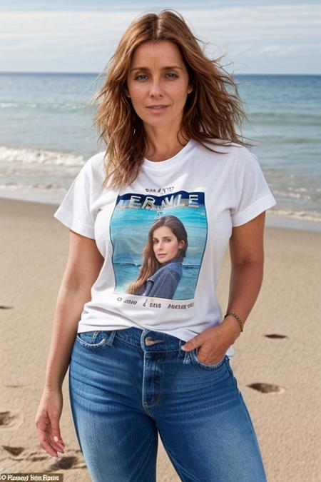 singing, beach, jeans, tshirt <lora:Louise_Redknapp:1> 40 year old, mature, l1873r, 1girl, solo, masterpiece, best quality, detailed face,