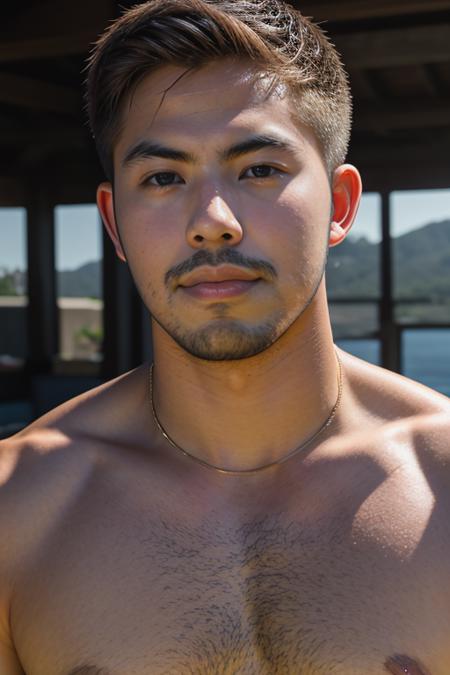 portrait of man, mature, barechest, man, high quality, dynamic angle, masterpiece, chest , oily <lora:tony_labrusca_v11:2>, light behind the camera, tony labrusca,