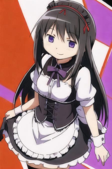 ((maid_headdress)),smile,(maid,skirt), 1girl, solo, long_hair, black_hair, purple_eyes,