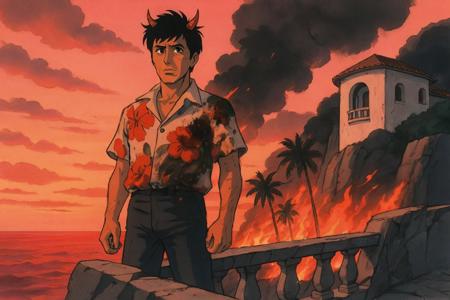 cinematic still, Tony Montana, standing on a jagged balcony in a singed floral shirt, wind-whipped hair revealing horn tips, wide shot, low-angle, setting: cliffside mansion overlooking a blood-red sea and burning palm grove, mood of isolated triumph and looming collapse, sunset inferno light blending pink and orange, color theme of rose fire, charcoal dusk, and salt-white, style reference 1980s Studio Ghibli–inspired Japanese animation still
