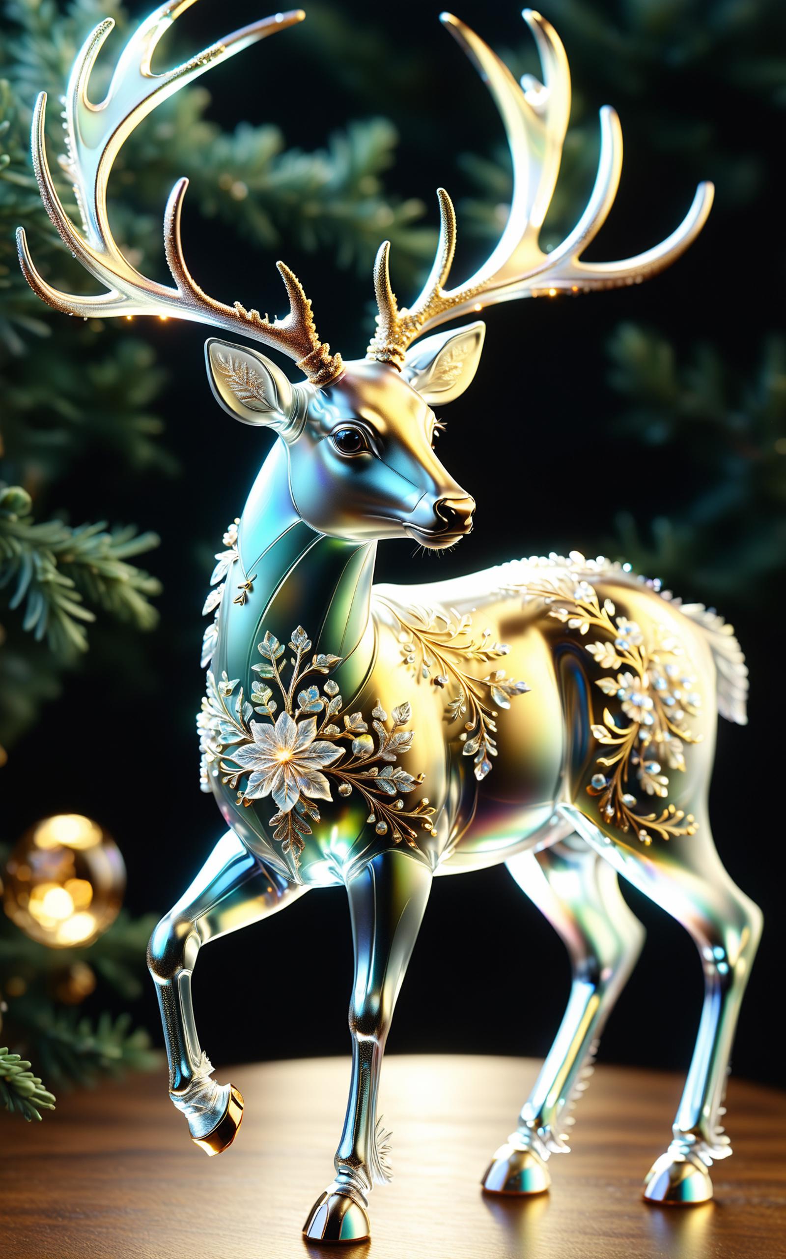 A Gold and Silver Deer Ornament Decoration on a Christmas Tree