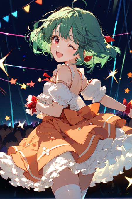 ranka lee, green hair, red eyes, short hair, ahoge, idol clothes, skirt, thighhighs, layered skirt, orange skirt, wrist ribbon,  white thighhighs, bare shoulders, (navel:0.2),