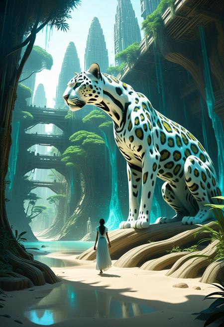 (by Ellen Jewett:1.5), (Bioluminescent Impressionism,  woman stroking giant sleek feline creature jaguar like, from their high towers, sleek ivory cybernetic architecture looming over the jungle the lost city of Sand, once a great city, ancient wisdom, a marvel of architecture, embedding the delicacy with the strong influence of the tree and delicate organic architecture of aerial roots, the sand people liked ivory inlaid, carrefully polished wood structure, organic shapes and water flows everywhere in their city. they like walking peacefully in long and transluscent dress, ethereal landscapes, dynamic light, depth of field, biotech emotion:1.3) <lora:xl_more_art-full_v1:0.5> <lora:add-detail-xl:1> <lora:RMSDXL_Creative:2>