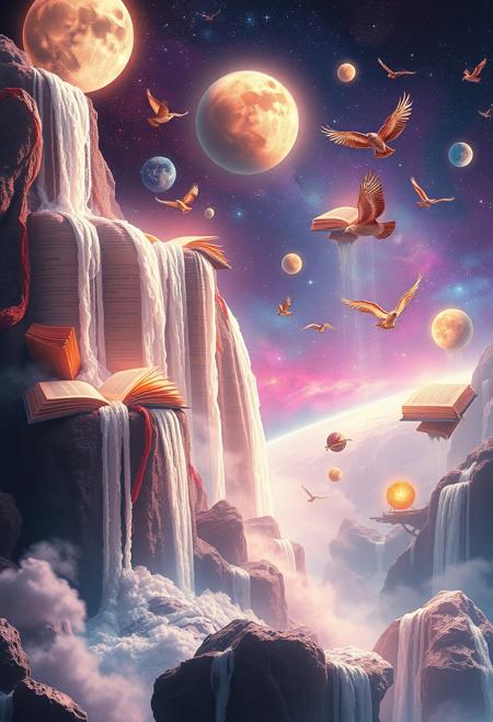 A surreal image of waterfalls cascading from floating books in space, with pages turning into flocks of birds. Fantasy creatures soar around, weaving between the waterfalls and glowing planets. The scene is bathed in ethereal light, with vibrant colors and an otherworldly atmosphere.