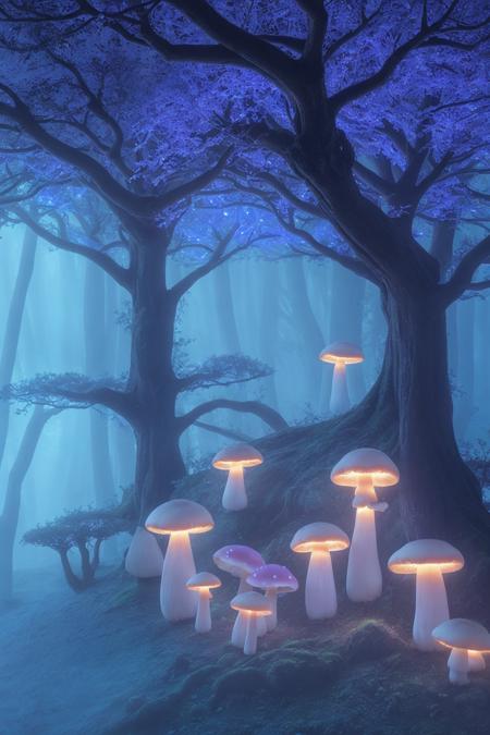 misty enchanted forest, glowing mushrooms scattered on the forest floor, ancient trees with twisting branches, soft blue and purple lighting, gentle fog rays through trees, fantasy magical vibe, high detail forest floor