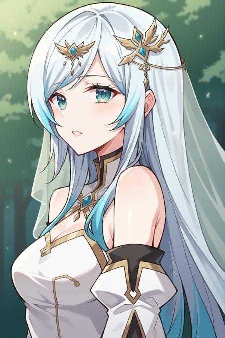 el harnier gradient hair, white hair, blue hair, long hair, long dress, white dress, circlet, detached sleeves, wide sleeves