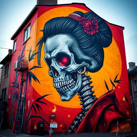 End of a building, 
This mural presents a hauntingly striking image of a skeletal geisha, merging elements of traditional Japanese culture with macabre themes. The geisha's skull is intricately detailed, with shadows and textures emphasizing its hollow eyes and sharp teeth. Her hair, styled in a traditional updo with ornate accessories, contrasts starkly with the decayed elements of the face. Fiery orange hues dominate the background, creating an intense and dramatic atmosphere, while subtle details like bamboo silhouettes and glowing embers add depth and intrigue. The juxtaposition of elegance and decay is a testament to the artist's ability to combine beauty and eeriness in a compelling visual narrative.
graffiti, mural, hyper-realistic, vibrant colors, bold letterforms, 3D design, urban art, intricate details, vivid gradients, sharp highlights, contrasting shadows, abstract influences, electric palette, sculptural effect