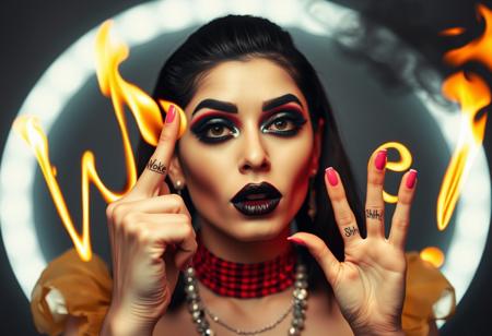 A very young drag queen girl with black makeup and pink nails, looking like she just failed something, shaking her head, drawing the letters "Woke" using flames, in the air, with a finger, on finger ave a tattoo "Shhhh!" photo by helmut newton