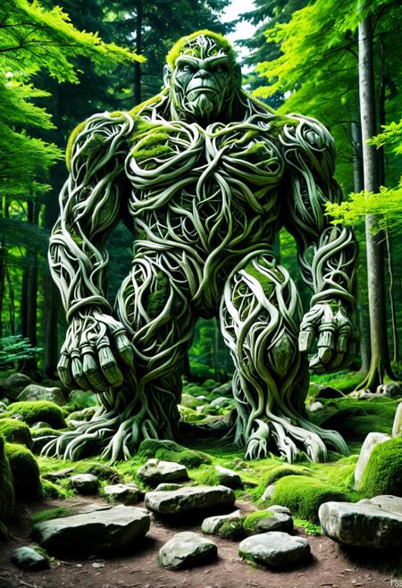 score_9,score_8_up,score_7_up, PG-TR, This is a vibrant, fantasy illustration of a large, golem-like figure that appears to be made of stones and rocks, partly overgrown with lush green foliage. The figure stands in a forested environment, with trees and plants surrounding it, and in the background, ruins or other stone structures are visible. The sky above is clear blue with some white clouds, indicating a sunny day.
The colossus itself is impressively large, with a broad posture and thick, robust limbs. Its body is a mix of gray and brown stones, some smoother than others, with cracks and moss growth emphasizing its age and natural integration. The most striking feature is the dense layer of bright green leaves covering large parts of its torso, shoulders, and upper legs, as if it has become part of the forest itself.
The colossus's face is somewhat human-like, with a stylized, flat nose and indentations suggesting eyes, all formed from stone. The overall atmosphere of the image is one of wonder and mystery, fitting for a fantasy world. <lora:Treeroots_0_90_multi2_Handprocessed_V2:1>