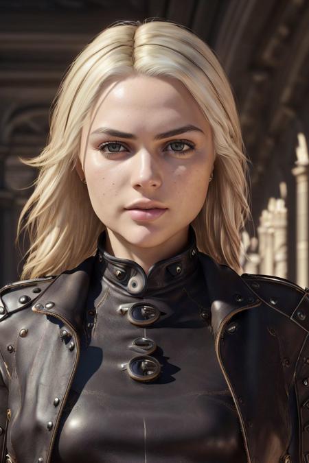 a photo of S071_LikaStar, a stylish woman, in an (old-ruin), wearing a (leather-jacket), (8k, RAW photo, best quality, DOF, ultra high res:1.2), (absurdres, intricate, photorealistic, masterpiece, ultra-detailed, Unreal Engine:1.3)