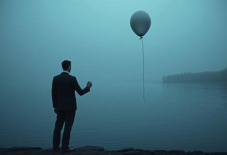 Man in a three piece business suit standing at the shore of a lake facing away from the viewer. He holds a balloon by a string in his right hand. The balloon isn't floating but has sunk to the ground. dark image, dim light, sunk balloon, three piece business suit, man standing, lake, realistic photo, raw photo, hdr, 8k, highly detailed