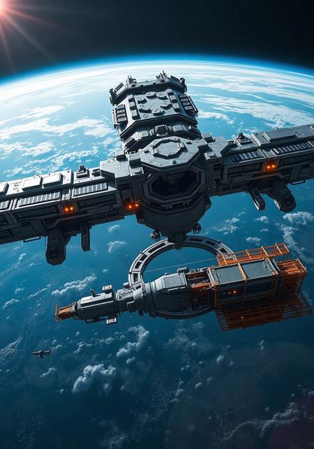 A colossal orbital space dock floats above Earth in high orbit, designated as "Orbital Forge." This C1-tier modular station spans over 15 kilometers, anchored at Lagrange Point L1. Massive drydock arms extend outward like giant mechanical spines, capable of servicing and constructing spacecraft up to 10 kilometers in length. Hexagonal docking ports, magnetic mooring clamps, and articulated gantry cranes dominate the structure's frame. Below, solar array fields shimmer, powering fusion-based infrastructure and AI-directed robotics. A rotating gravity ring, 500 meters in diameter, spins slowly at the end of a central truss, housing over 1,000 crew members. Cargo pods, drones, and utility skimmers dart between modular habitat bays, industrial tanks, and scaffolded ship skeletons under construction. Earth hangs immense and blue in the background, while the Sun casts harsh glints on metallic surfaces and glowing thruster ports.

Style: realistic sci-fi, cinematic space epic, sharp structural detail, wide angle view.

