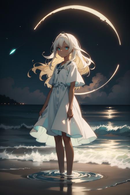 midnight, anime oracle, 1girl, happy, glowing circle portal, mint green theme, portrait, bioluminescence leaf, reflective water, night sky, calm waves, standing on liquid, beach sand, beautiful, solo, golden hair, soft lighting, dark skin, white hair, glowing, white dress, dark theme, volumetric lighting, cinematic, (anime cinematic), important