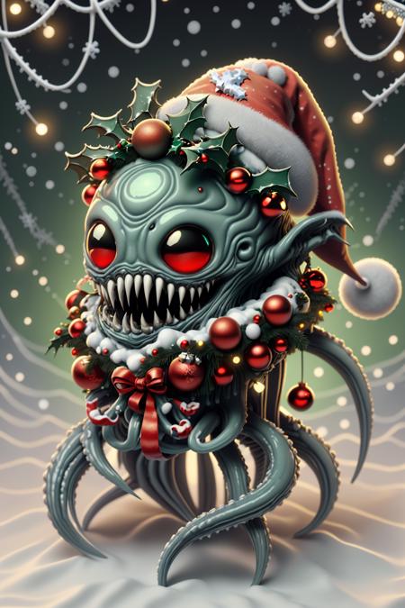 ral-chrcrts, creepy octupus in the ocean christmas ornament with a santa hat on <lora:ral-chrcrts-sd15:1>