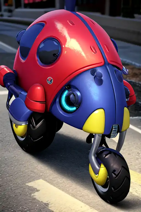 Motobug, ladybug, red shell with black spots, blue eyes, wheel, antenna, 2 fangs