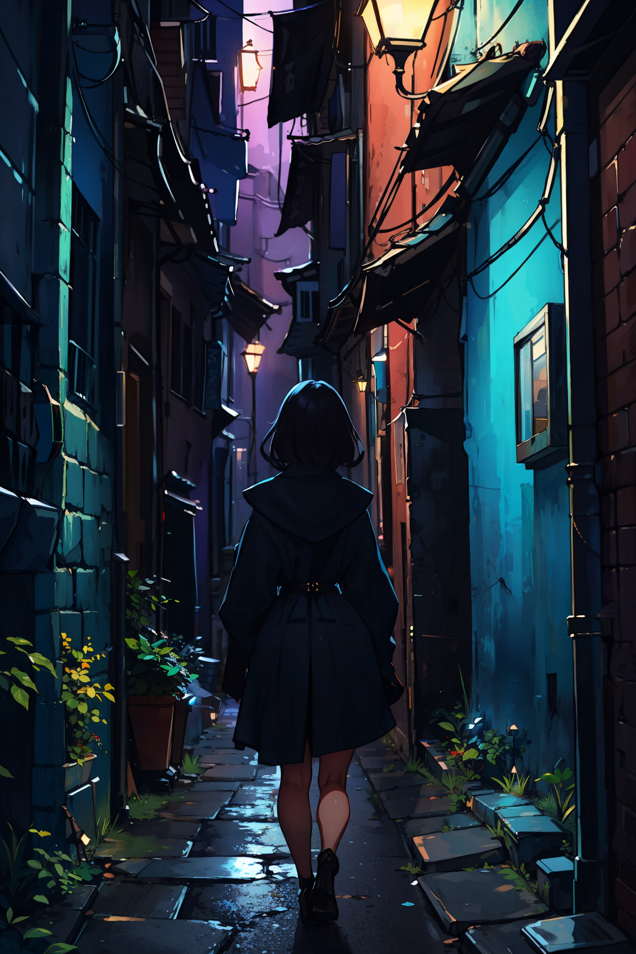 masterpiece, best quality, girl in dark alleyway, night, rim light