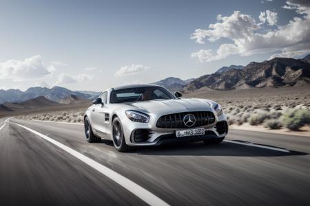 a moving shot of sports car(mercedes_amg_gt_v1-3600:1.0) in silver,(driving on a desert road:1.1), modelshoot style, (extremely detailed CG unity 8k wallpaper),unreal engine, 75mm lens,  High Detail, Sharp focus, dramatic, rule of thirds,(motion blur:1.2),