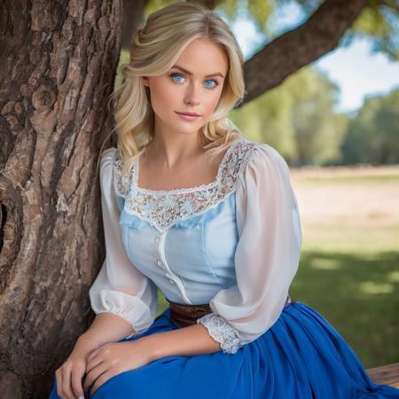 a female , blonde , blue eyes ,   , studio image , in a saloon  , shot with Nikon d850. 200m f2.8 lens prime lens , sitting a park , under a tree , wearing blue skirt , and  sheer blouse