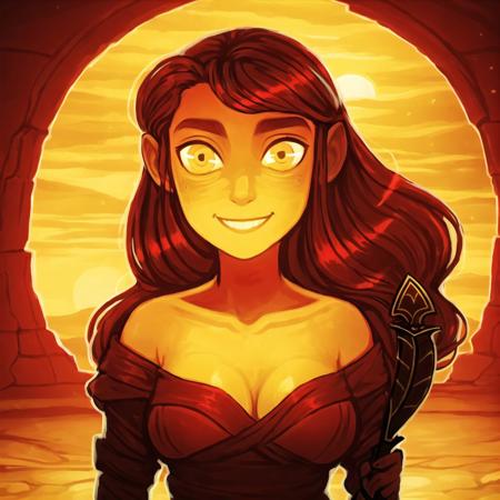 <lora:avasdemon3:1>, avasdemon, a woman with a sword in her hand and a yellow light in her eyes is standing in a yellow room, sunset, yellow sky, orange sky, orange background, orange theme, solo, sun, long hair, red hair, 1girl, desert, evening, smile, yellow background, upper body, twilight, yellow theme, breasts