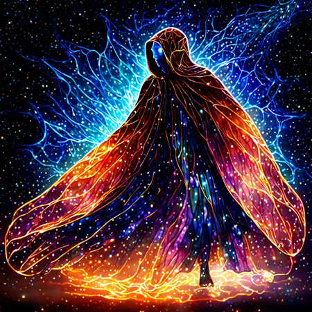 A digital illustration of a stunning, transparent cloak-like creature, with intricate patterns resembling a stained glass nebula, as it weaves through space with its countless legs crackling with cosmic lightning.