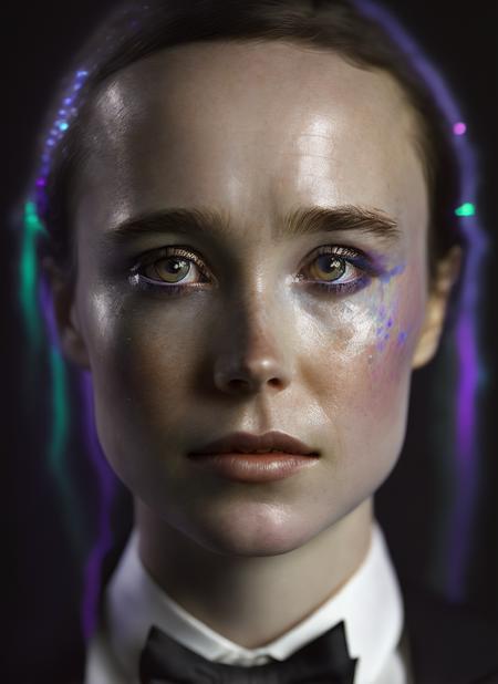 portrait of sks woman in tuxedo, (perfect eyes), energetic and colorful streams of light (photo, studio lighting, hard light, sony a7, 50 mm, matte skin, pores, concept art, colors, hyperdetailed), with professional color grading, soft shadows, bright colors, daylight, <lora:locon_ellen_v1_from_v2_64_32:1.3>