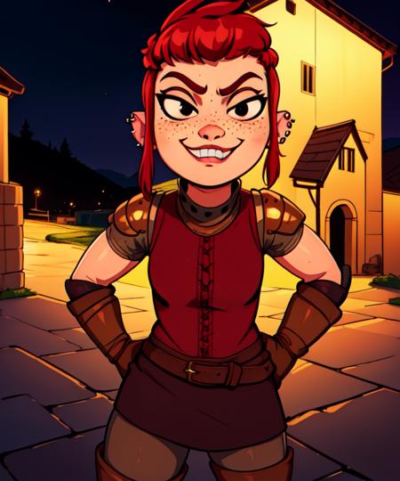 Nimona, short red hair,  freckles, sidelocks,black eyes,  smug expression,  hand on hips, 
NimSuit,ear piercing,armor,bandages,gloves ,dress,brown footwear,
nighttime,  barracks, 
 (insanely detailed, beautiful detailed face, masterpiece, best quality)    <lora:Nimona-10:0.7>