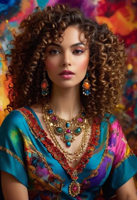 Concept Art. Close-up portrait. A woman with curly hair and bold makeup sits in front of a canvas, surrounded by paintbrushes and colorful fabrics. Medium shot. Vibrant oil painting with triadic colors. Swirling patterns on her dress. Glittering gemstones on her necklace. Soft, warm studio lighting with a touch of bokeh. 8k resolution, incredibly detailed, masterpiece, best quality, expressive brushstrokes, artistic flair, creative energy, feminine charm, elegant, refined, luxurious, ornate, baroque details.
