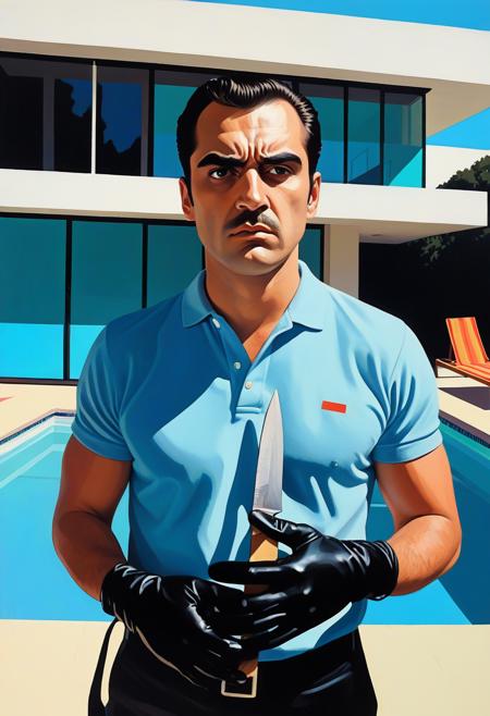 devastatingly handsome Miami blood spatter analyst in a polo shirt, thick dark eyebrows, close-set eyes with thick lashes, bedroom eyes that are completely empty and soulless, European nose, angular face with square jaw, perfect proportions, standing and looking directly at viewer with intense Kubrick stare, head tilted slightly down while eyes look up, unsettling fixed gaze with no emotion behind the eyes, wearing black leather gloves, holding a scalpel, arms at his side with hands hanging at waist level, handsome facade masking complete emptiness, full body, crime scene tape,, vibrant acrylic painting style, bold flat colors, clean geometric compositions, bright California sunlight, crisp shadows, modernist architecture, swimming pool blue tones, perfectly manicured landscapes, mid-century modern aesthetic, saturated color palette, smooth gradients, minimal detail work, contemporary pop art influence, architectural precision, optimistic 1960s atmosphere,